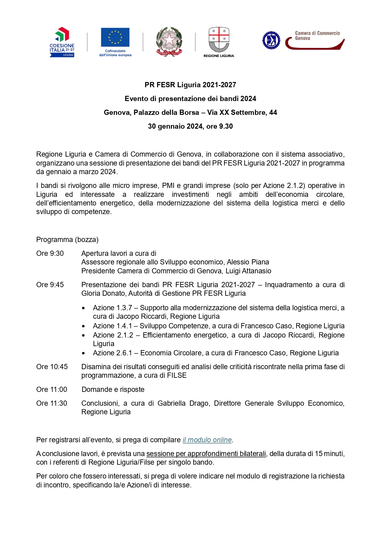 Programma evento presentazione bandi di finanziamento a Palazzo della Borsa del 30 gennaio 2024